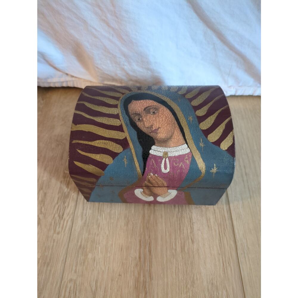 Our Lady Of Guadalupe Virgin Mary Hand painted Footed Wooden Box